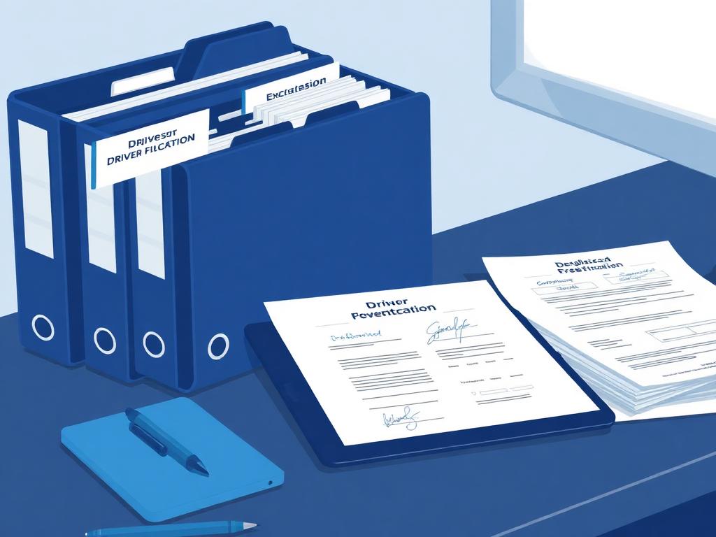 Organized driver qualification file folders and signed forms on a desk
